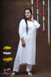 White Rayon Chikankari Kurta Pant Set